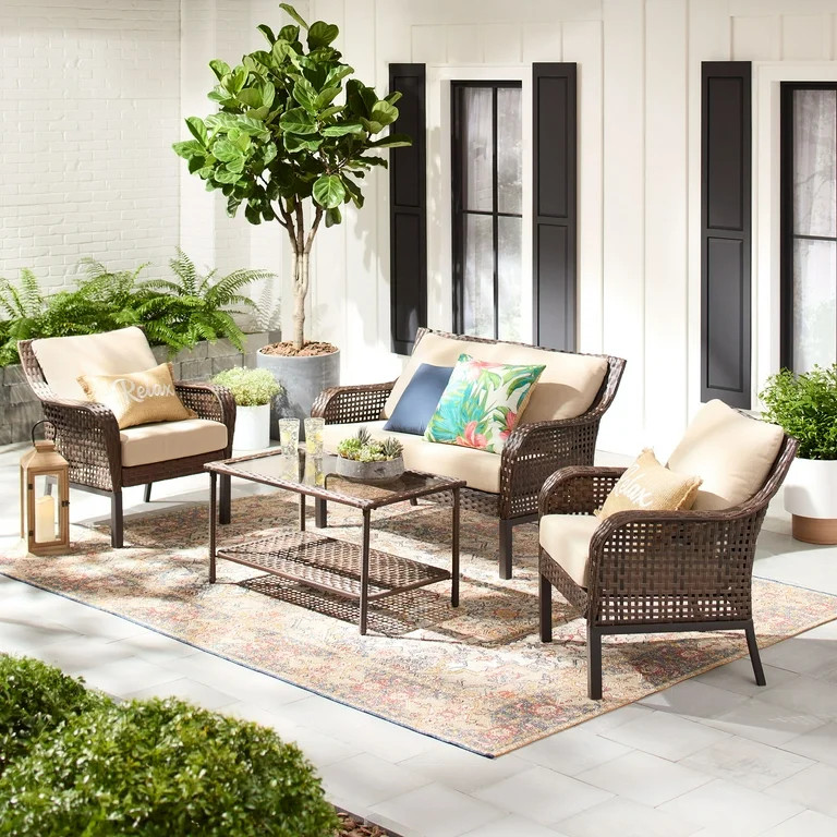 Mainstays Tuscany Ridge 4-Piece Wicker Outdoor Conversation Set, Tan | Walmart (US)