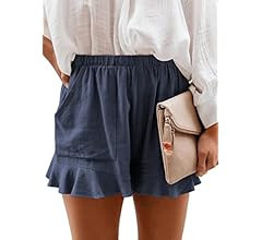 Dokotoo Womens Ruffle Hem Elastic Waist Solid Casual Shorts Pants with Pockets | Amazon (US)
