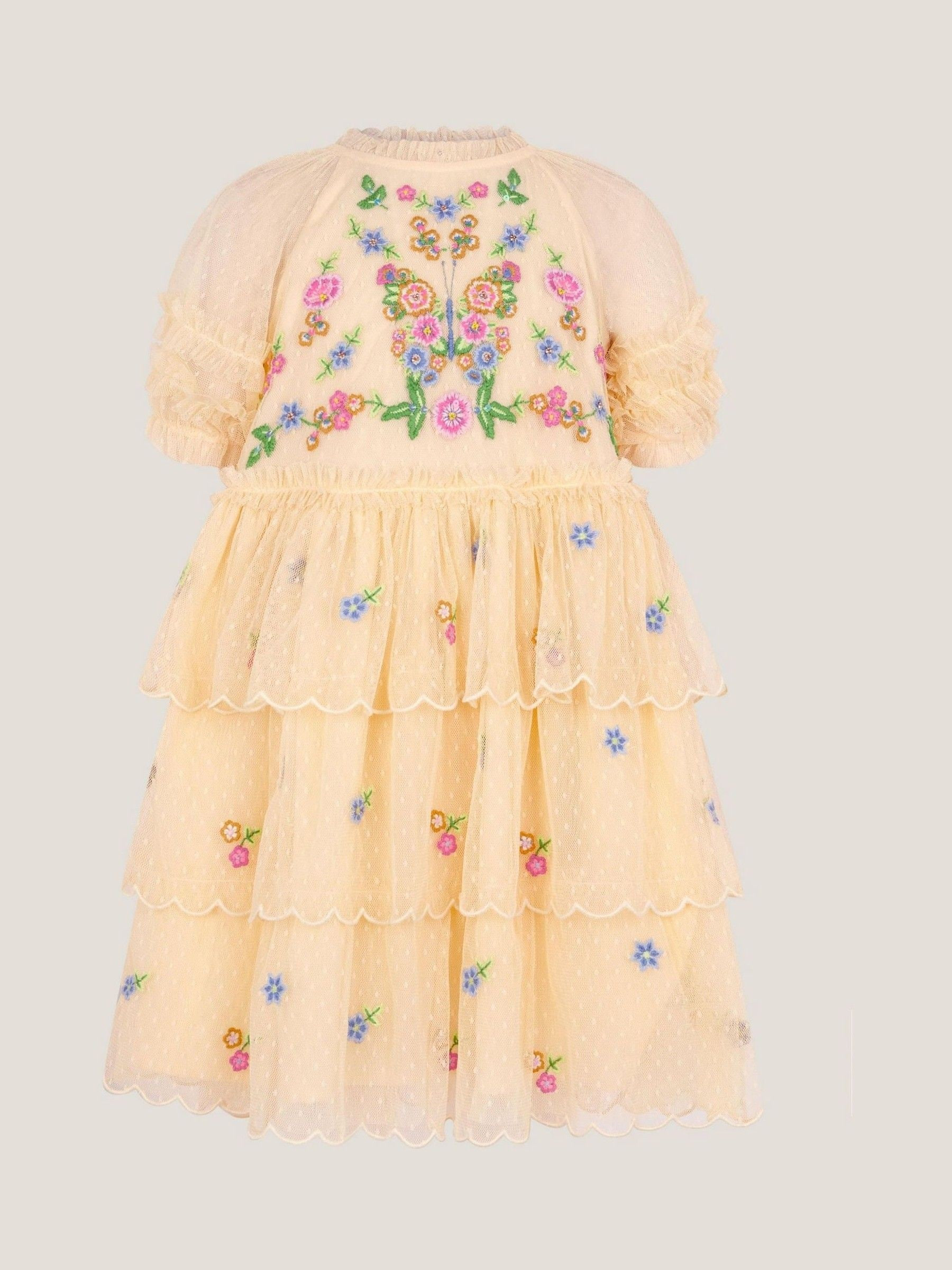 Monsoon Monsoon Yellow Embroidered Floral Scallop Tiered Dress | Next US