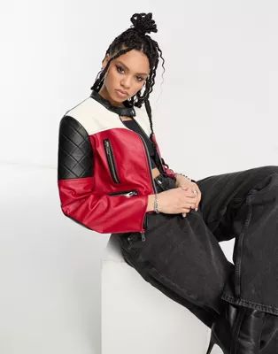 ASOS DESIGN motocross faux leather jacket in red | ASOS (Global)