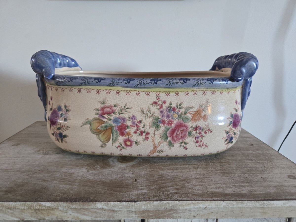 Vintage Crackle Porcelain Floral Planter Tan With Blue Accents | eBay US