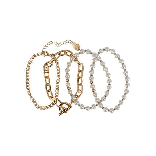 Time and Tru Women's Gold Tone and Faux Pearl Bracelet Set, 4-Piece | Walmart (US)