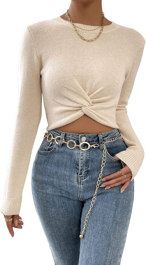 SweatyRocks Women's Long Sleeve Ribbed Knit Crop Pullover Sweater Round Neck Fitted Top | Amazon (US)