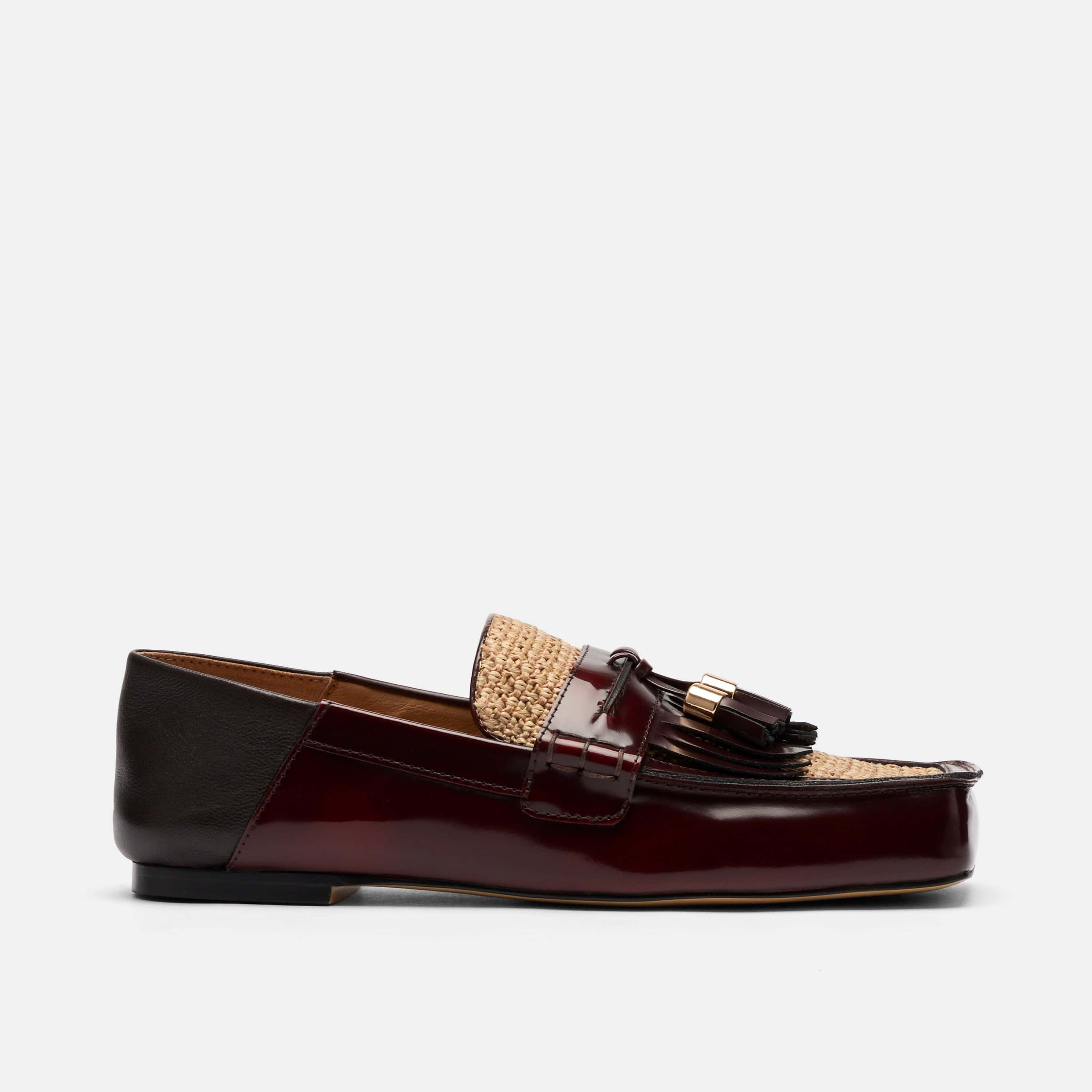 Simone Burgundy/Raffia Patent Leather Tassel Loafers | Marc Nolan