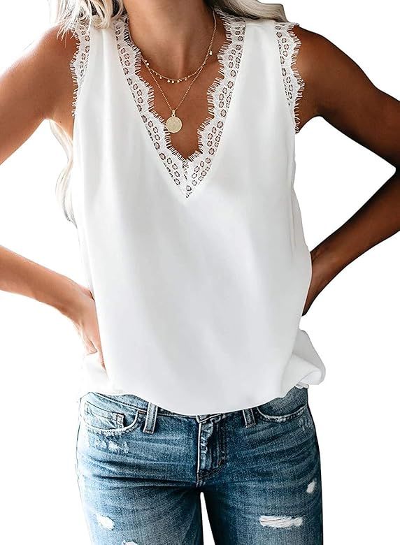 Womens V Neck Lace Trim Tank Tops Loose Fit Sleeveless Casual Summer Camis Tops Blouses | Amazon (US)