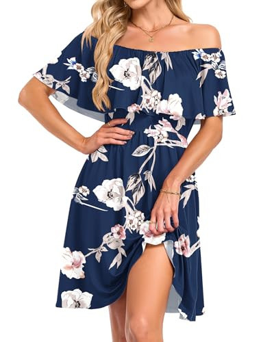 AUSELILY Womens Off the Shoulder Floral Dress Summer Casual Flowy Party Beach Vacation Wedding Guest Dresses with Pockets New Flower Blue L | Amazon (US)