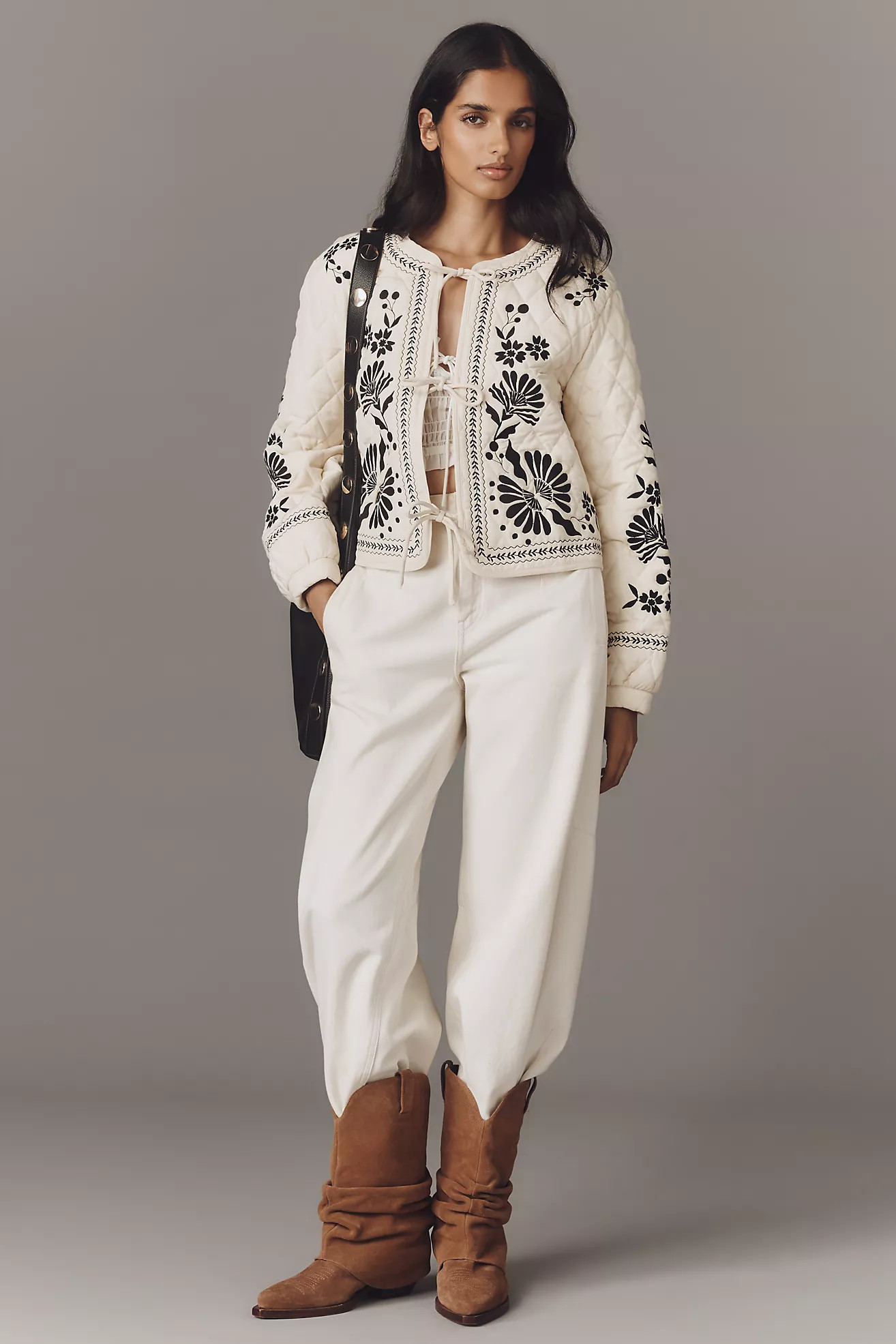 MABLE Embroidered Tie-Front Quilted Jacket | Anthropologie (US)