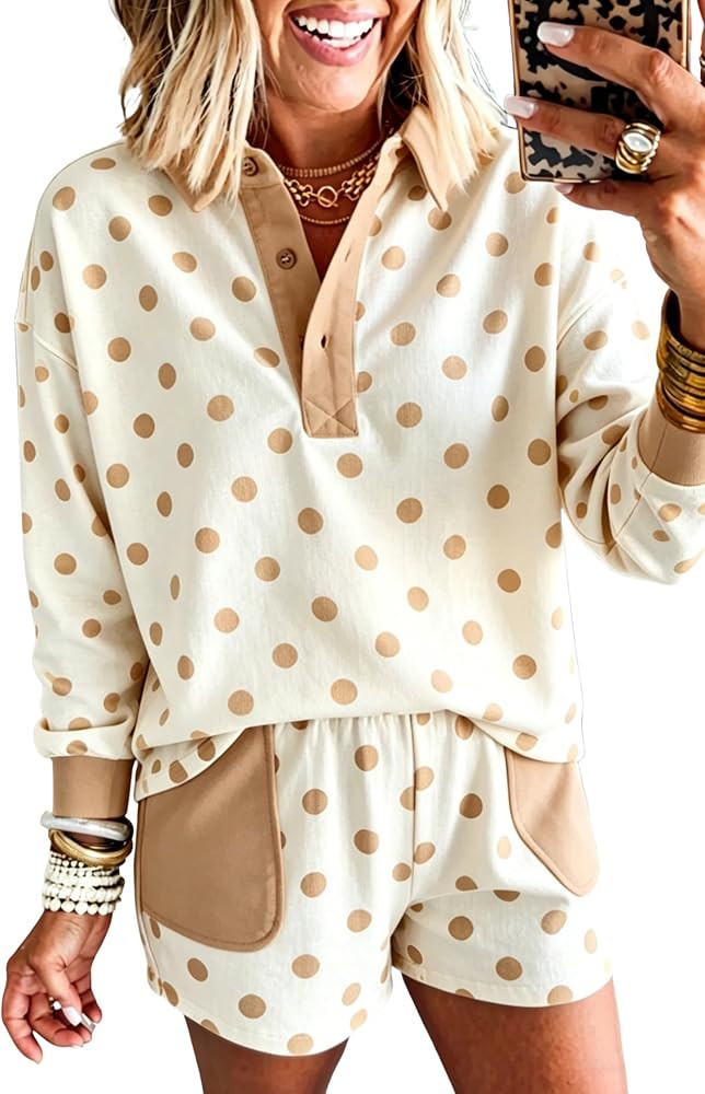 KevaMolly Women's Polka Dot Polo Loungewear Set Pullover and Shorts | Amazon (US)