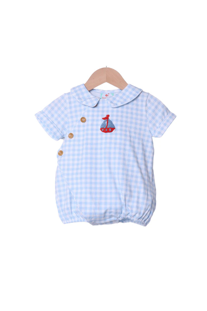 French Knot Sailboat Blue Gingham Knit Bubble | The Smocked Flamingo