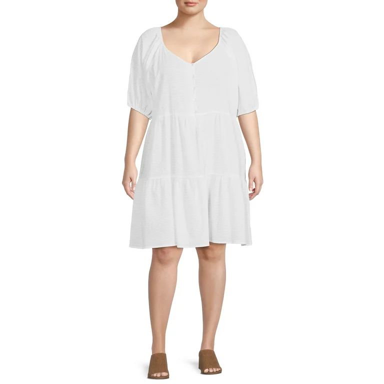Time and Tru Women's and Women's Plus Button Front Tiered Mini Dress | Walmart (US)