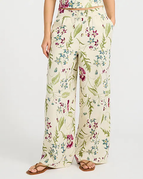 Summer-blend Linen Floral High Waisted Pull On Wide Leg Pant | Express