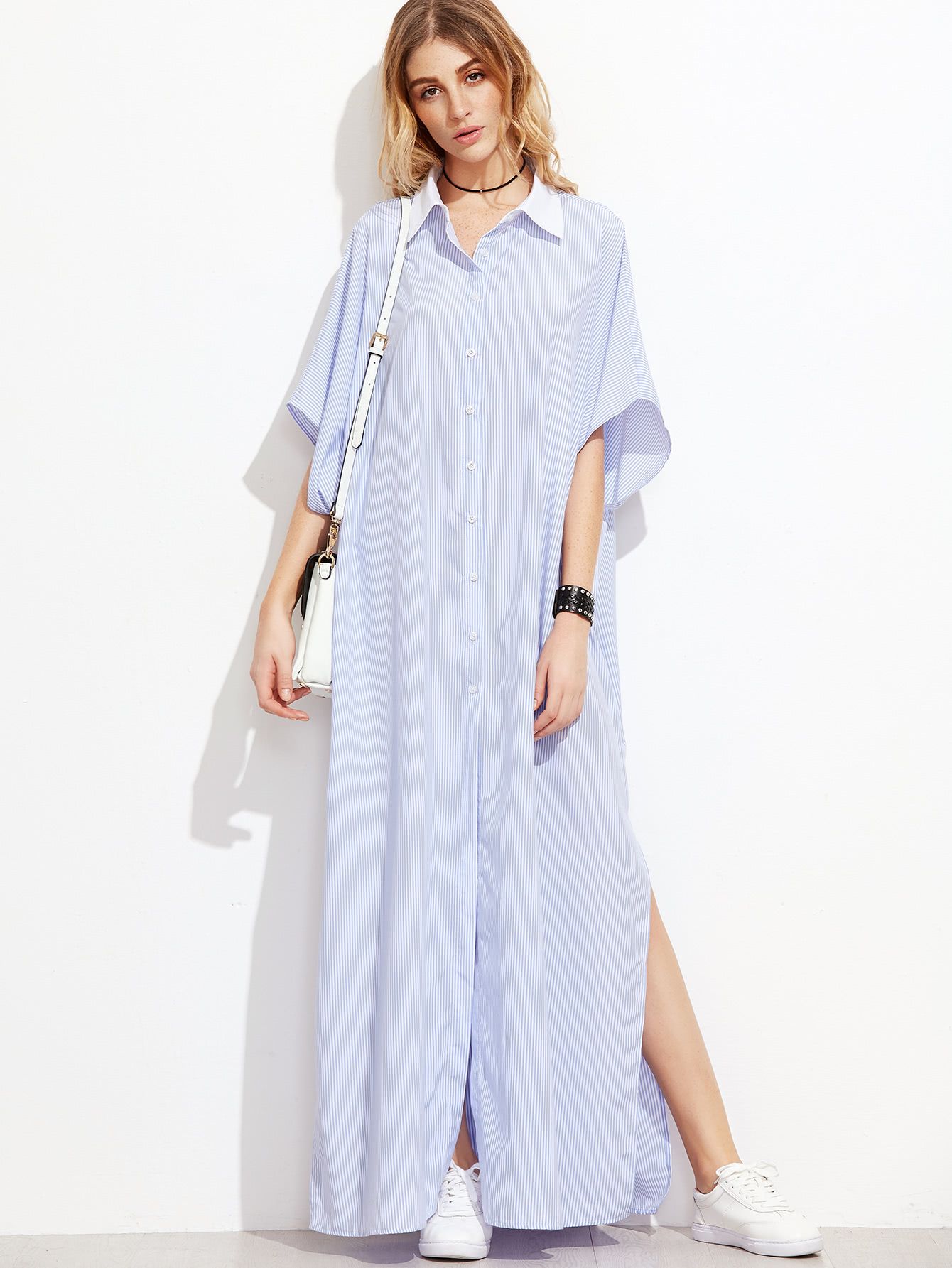 Blue Vertical Striped Contrast Collar Oversized Shirt Dress | SHEIN