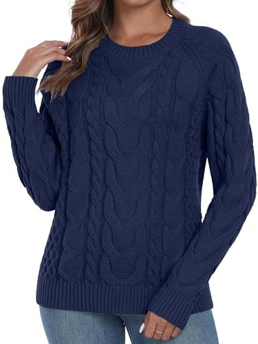 QIXING Womens Cable Knit Jumper Classic Crew Neck Sweater Elegant Long Sleeve Textured Knitwear for Women UK(Navy Blue, L) | Amazon (UK)