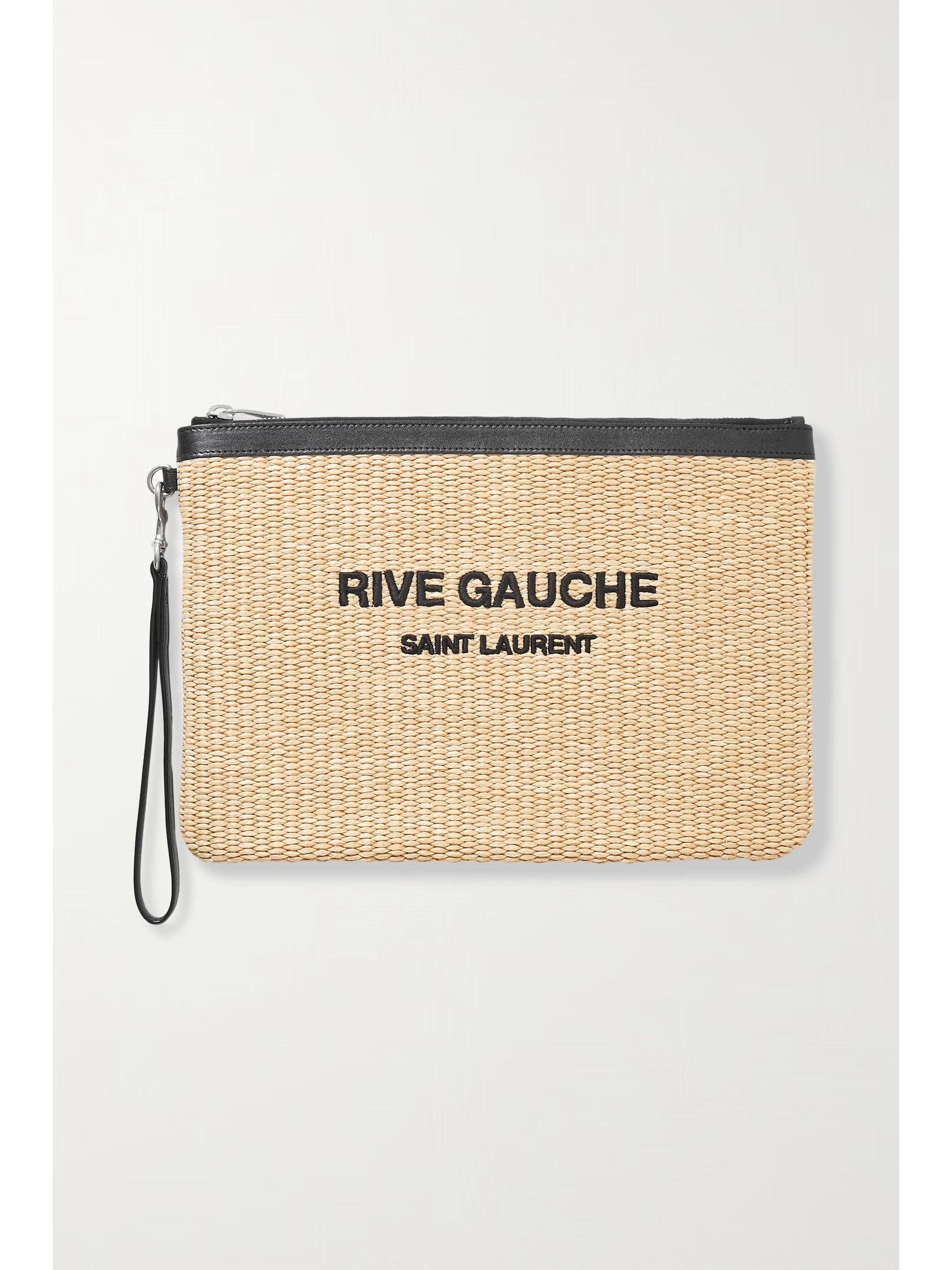 Noe leather-trimmed embroidered raffia pouch | NET-A-PORTER (US)