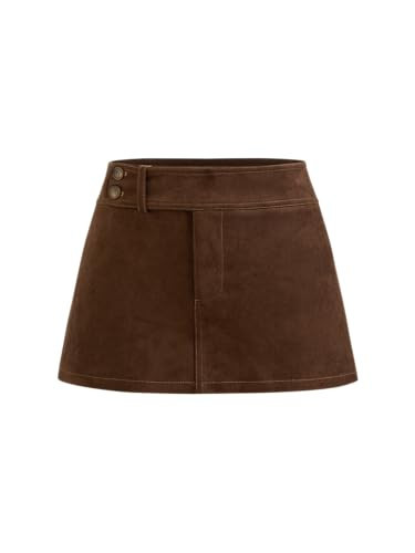 CIDER Suede Skirt for Women Mini Skirt Low Waist Solid Button Slim Fit Lined Mini Skirts Coffee | Amazon (US)