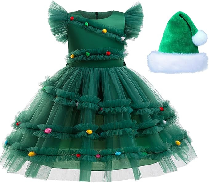 Christmas Tree Costume Girls Xmas Dress with Santa Hat | Amazon (US)