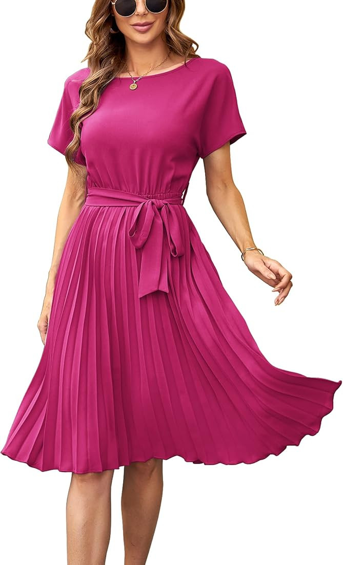 Dokuritu Women's Pleated Casual Dress Summer Short Sleeve Solid Color Belted Floral Dresses for W... | Amazon (US)