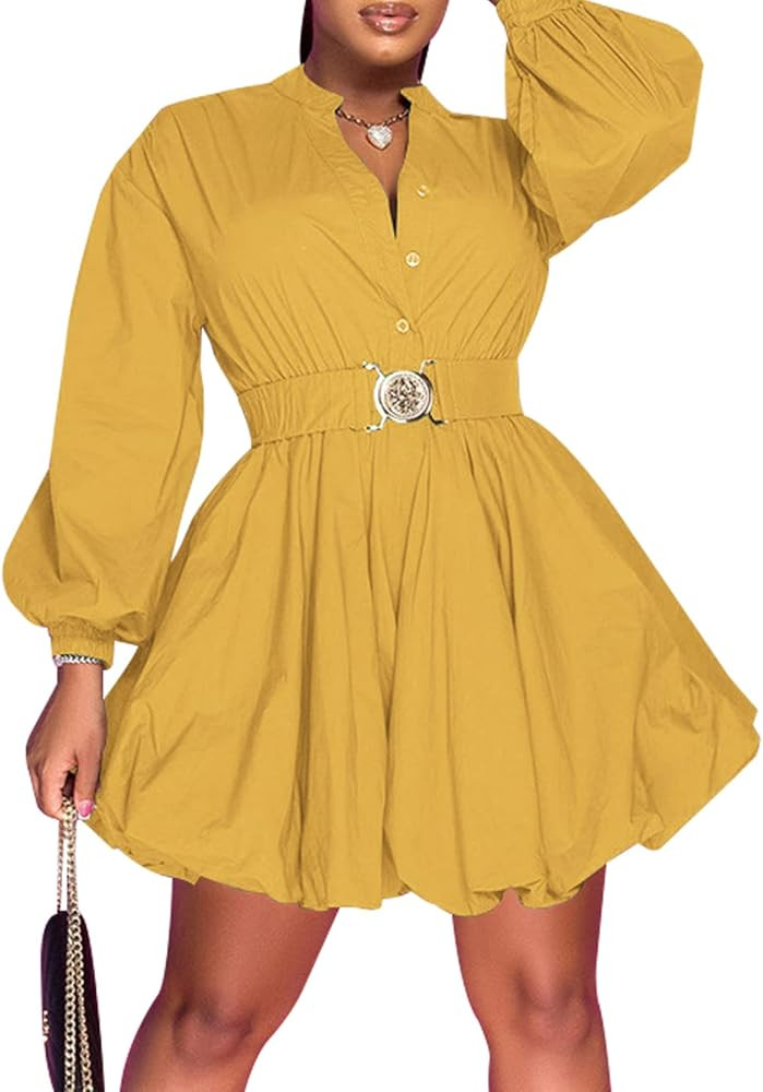 Uni Clau Womens Button Down Shirt Dress Long Sleeve A-Line Casual Puffy Short Mini Dress with Bel... | Amazon (US)