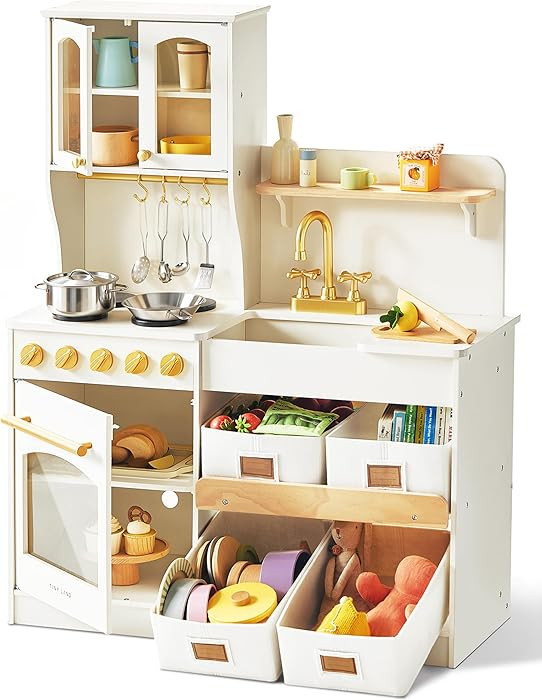 Tiny Land Wooden Play Kitchen for Kids – Enhanced Storage with Cabinets & Bins, Modern Toddler ... | Amazon (US)