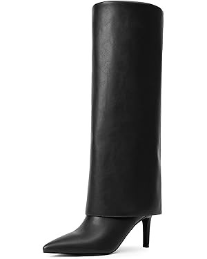 Knee High Boots Women Fold Over Boots Pointed Toe Stiletto Heel Long Shark Tall Boots with Zipper | Amazon (US)
