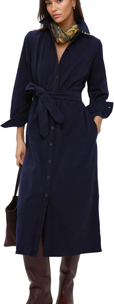 Womens Fall Winter Corduroy Midi Dress Long Sleeve Collared Button Front Belted Flowy Shirt Dress... | Amazon (US)