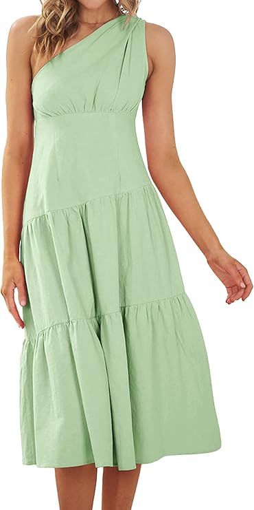 KIRUNDO Women's Summer Casual Dress Boho One Shoulder Midi Dress Sleeveless Solid Color Ruffle He... | Amazon (US)