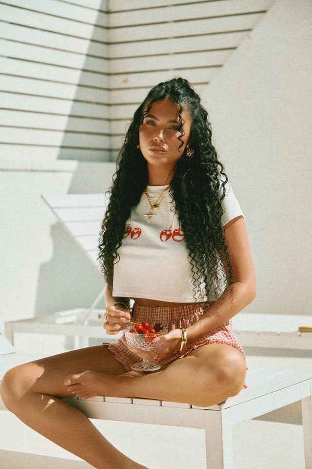 Miss Lola | Cherry Bomb White Crop T-Shirt | MISS LOLA