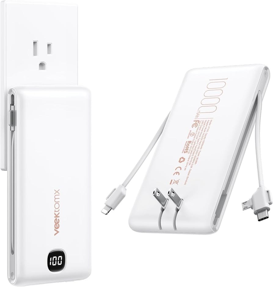 VEEKTOMX Portable Charger with Built-in Cables and AC Wall Plug, 10000mAh | Amazon (US)