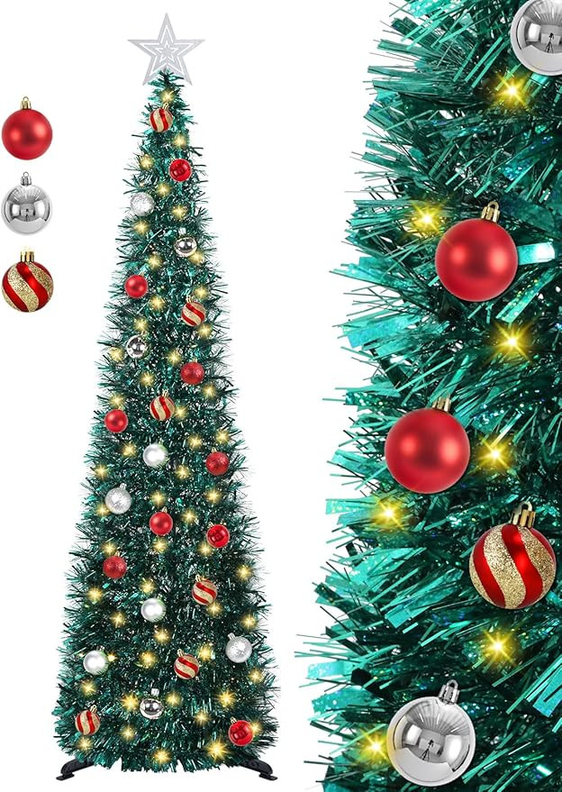 5 FT Pop Up Christmas Tree with Timer Lights and Decorations, Green Tinsel Artificial Christmas T... | Amazon (US)