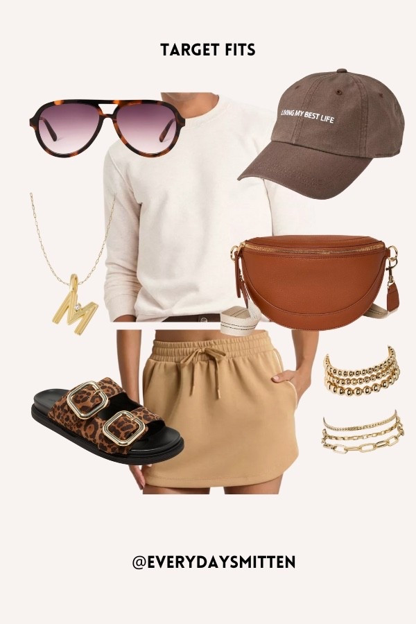 fleece skirt skort sweatshirt leopard sandals crossbody bagg look