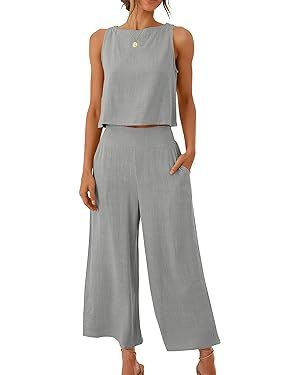 ANRABESS Women's Summer 2 Piece Outfits Sleeveless Crop Top Capri Wide Leg Pants Jumpsuit Linen L... | Amazon (US)