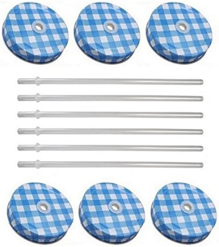 Sunshine Mason Co. Mason Jar Lids with Straws 6 Pieces (Blue Gingham Lids - Clear Straws) | Amazon (US)