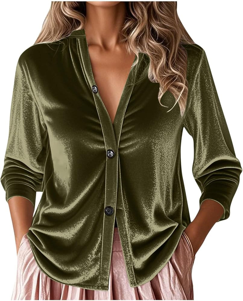 Velvet Tops for Women Vintage Long Sleeve Button Down Shirts Tee Fashion Elegant V Neck Blouse Ca... | Amazon (US)
