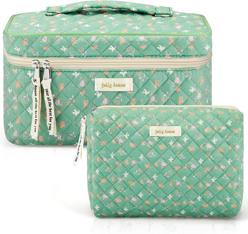 Zeyune 2 Pcs Cotton Quilted Makeup Bag Large Travel Coquette Makeup Bag Aesthetic Cute Cherry Flo... | Amazon (US)