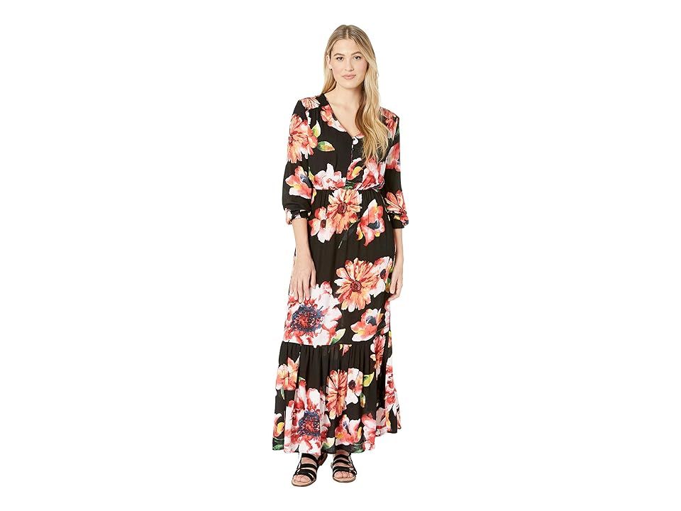 eci Dark Floral Button Front Maxi Dress with Sleeves (Black/Pink) Women's Dress | 6pm
