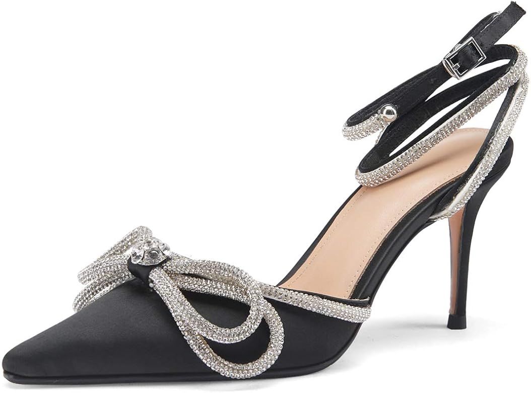 Amazon.com | Women's Ankle Strap Sandals Rhinestone Bowknot Stilettos Satin High Heels Pointy Pum... | Amazon (US)