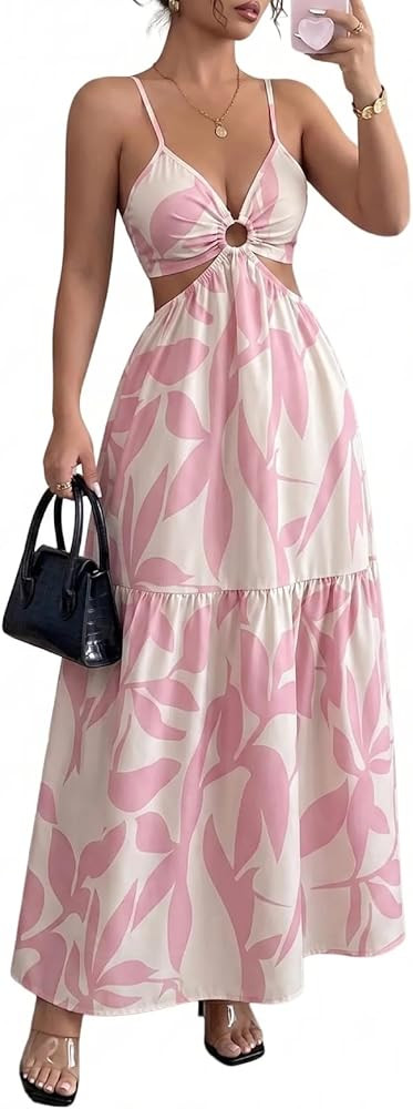 Floerns Women's Cut Out Tie Back Boho Maxi Dress Spaghetti Strap Beach Vacation Tiered Long Dress... | Amazon (US)