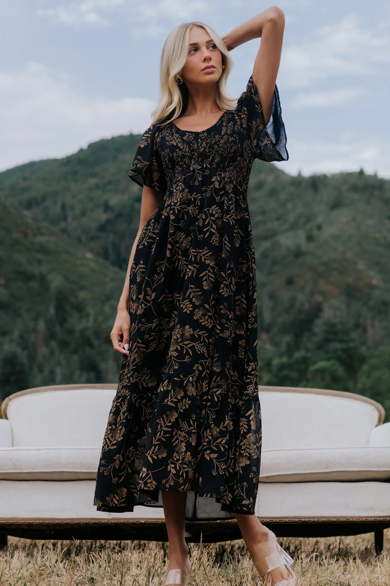 Monica Smocked Dress | Black + Gold | Baltic Born