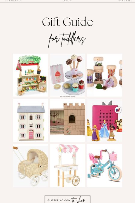 Gift guide for toddlers, wooden toys, bike, stroller, cupcakes, and cake pops, dollhouse, tonies, 

#LTKGiftGuide #LTKSeasonal #LTKHoliday