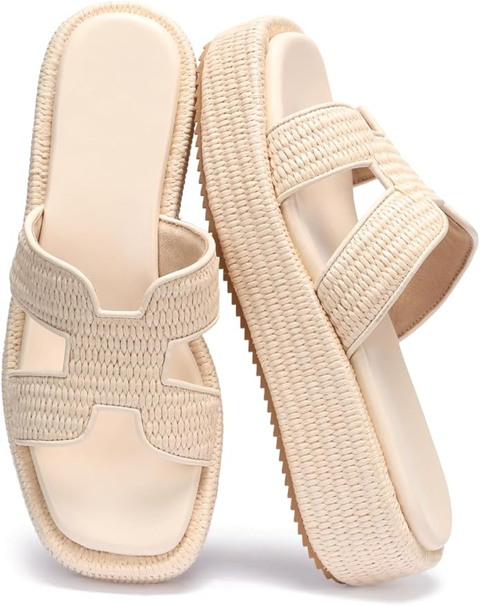 Monrovia Raffia Platform Sandals for Women Slip-On Espadrille Wedges Slides, Flatform Woven Straw... | Amazon (US)