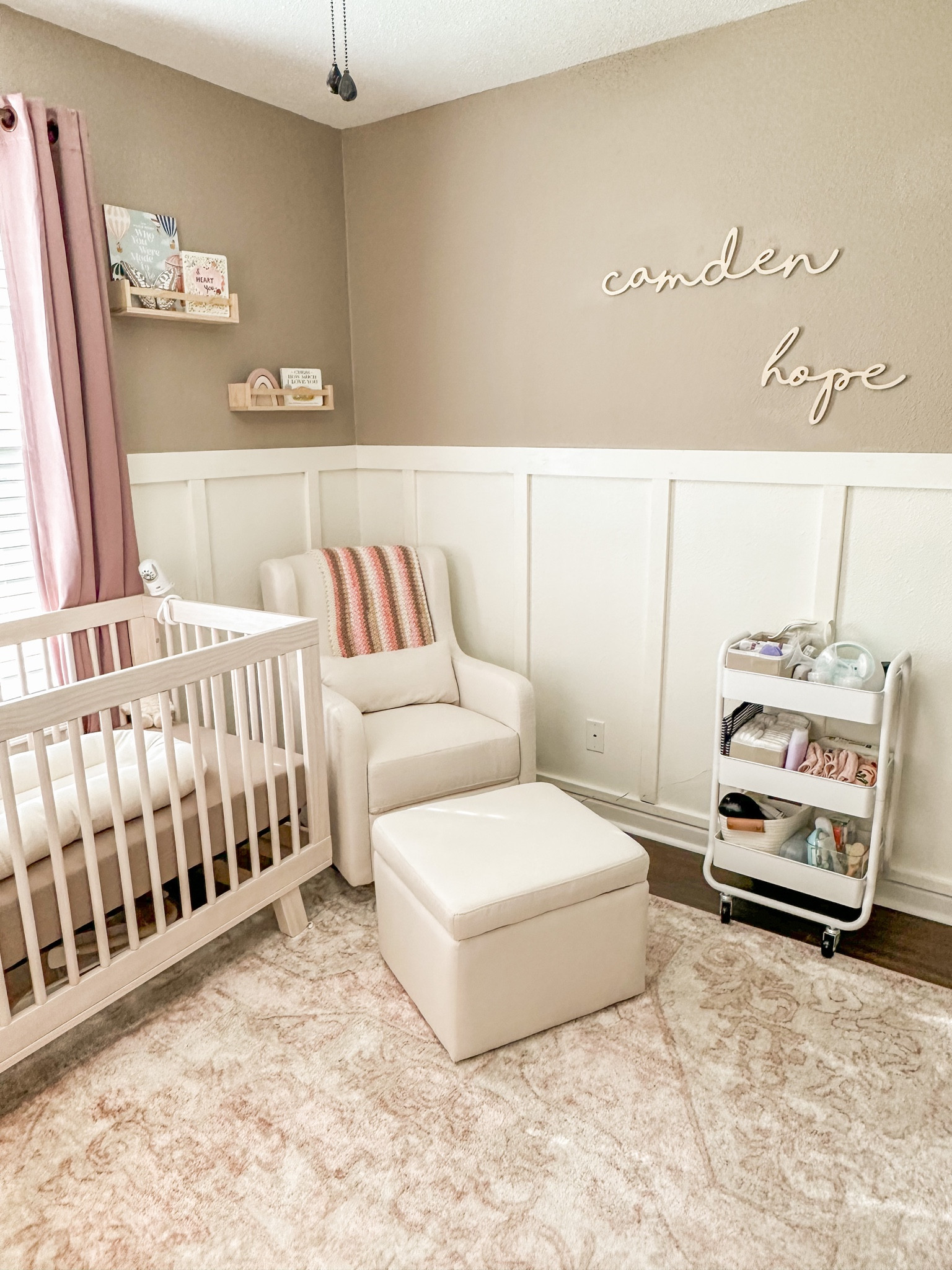 Nursery corner. Rocking chair, newborn essentials cart and books. 🤍

#LTKbump #LTKbaby #LTKhome
