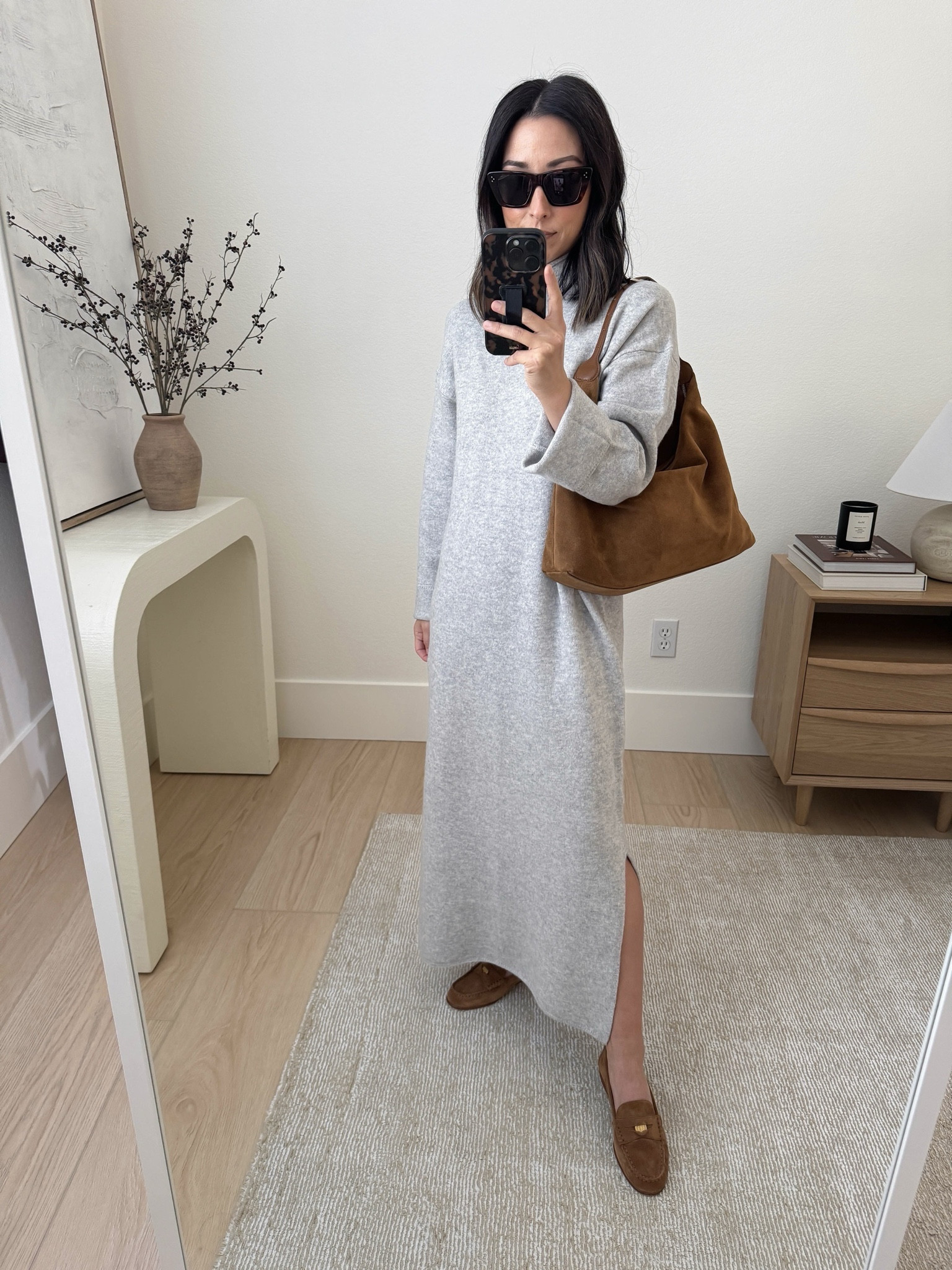 Oversized turtleneck sweater dress. Love this fit and how soft and comfy it is. You can size down if you want something more fitted. Great length on petites as well. 

Nordstrom dress xs
Veronica Beard loafers 5.5. Go TTS since they stretch out. 
Little Liffner shoulder bag in Chestnut
Celine sunglasses

Dresses, petite style, fall fashion, fall outfits, holiday outfits 

#LTKSeasonal #LTKHoliday #LTKCyberWeek