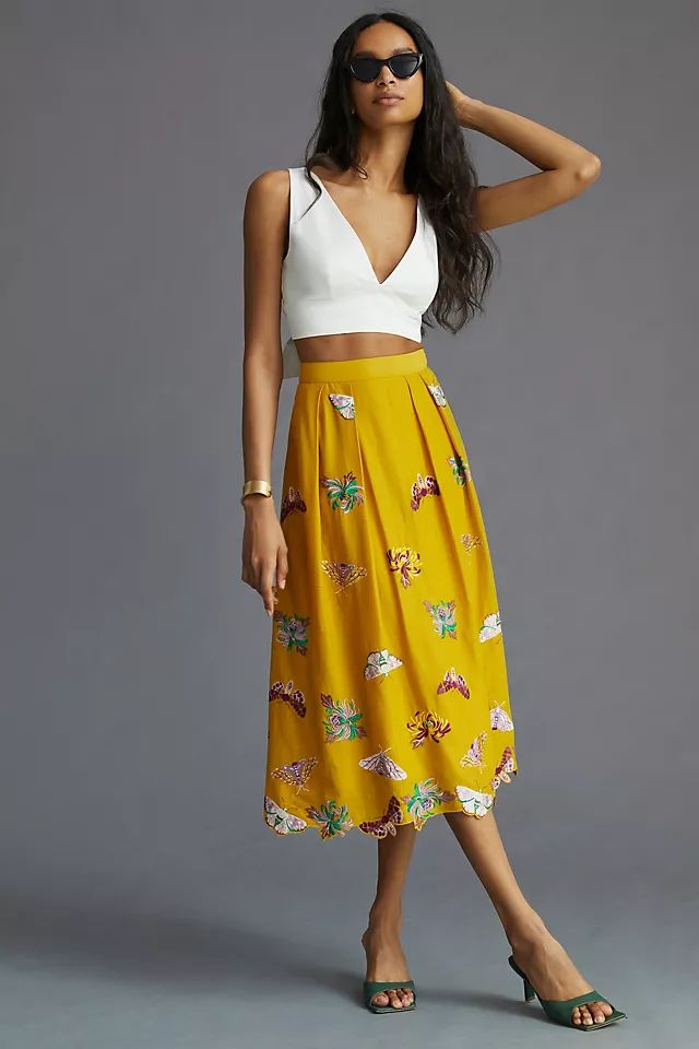 Maeve Embroidered Midi Skirt | Anthropologie (US)