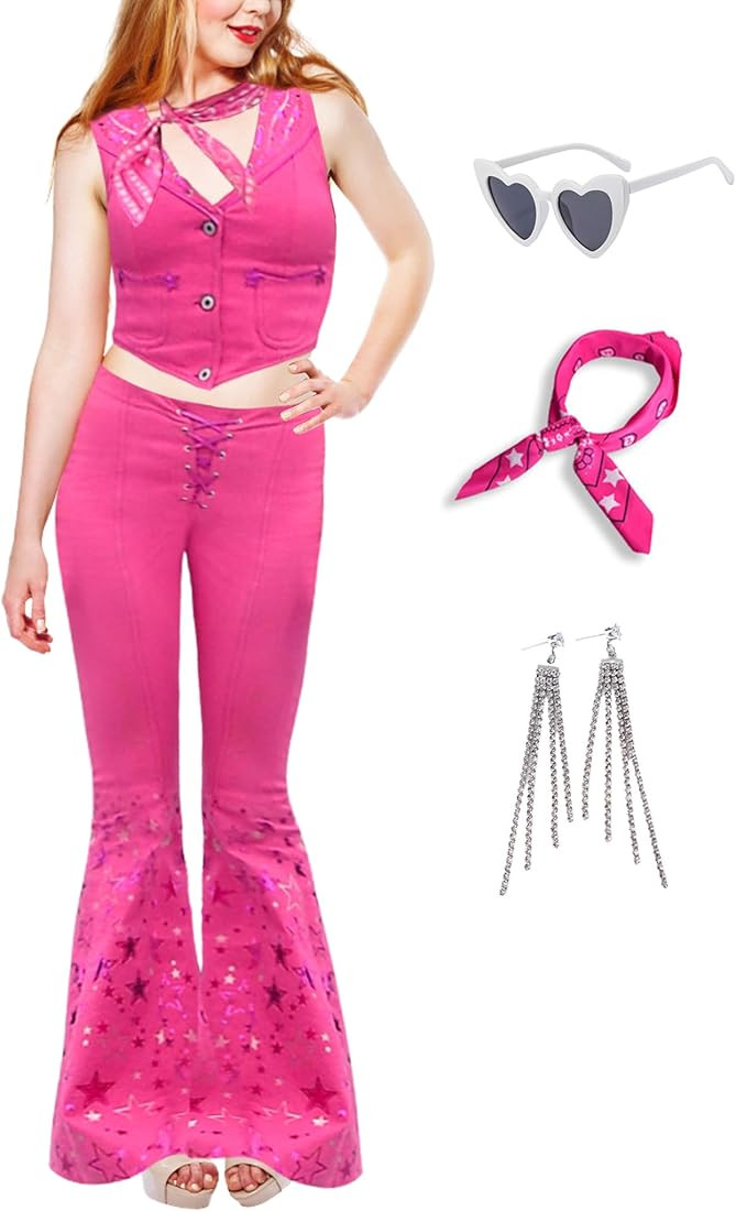 CICOCI Adult Cowgirl Outfits 70s Disco 80s Outfit Women Margot Robbie Movie Costume Pink Jumpsuit... | Amazon (US)