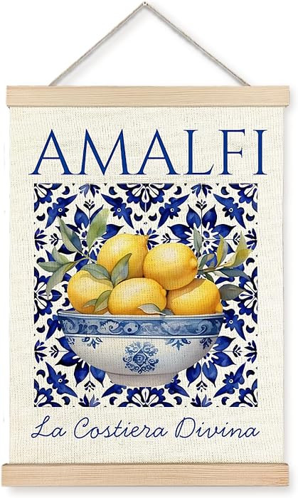 KAOWT Italian Amalfi Coast Lemon Wall Art Hanging Poster, Lemon Kitchen Decor, Blue and White Med... | Amazon (US)