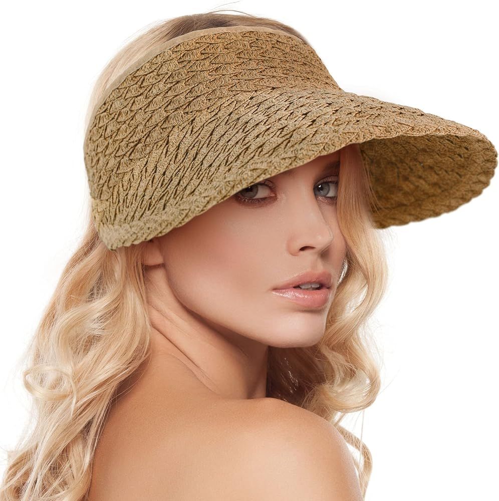 Women's Wide Brim Sun Hats Roll-up Foldable Straw Golf Visor Hat | Amazon (US)