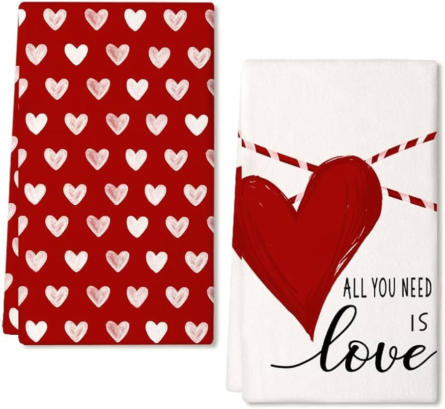ARKENY Valentines Day Kitchen Towels Set of 2,Red Heart Love Dish Towels 18x26 Inch Drying Dishcl... | Amazon (US)
