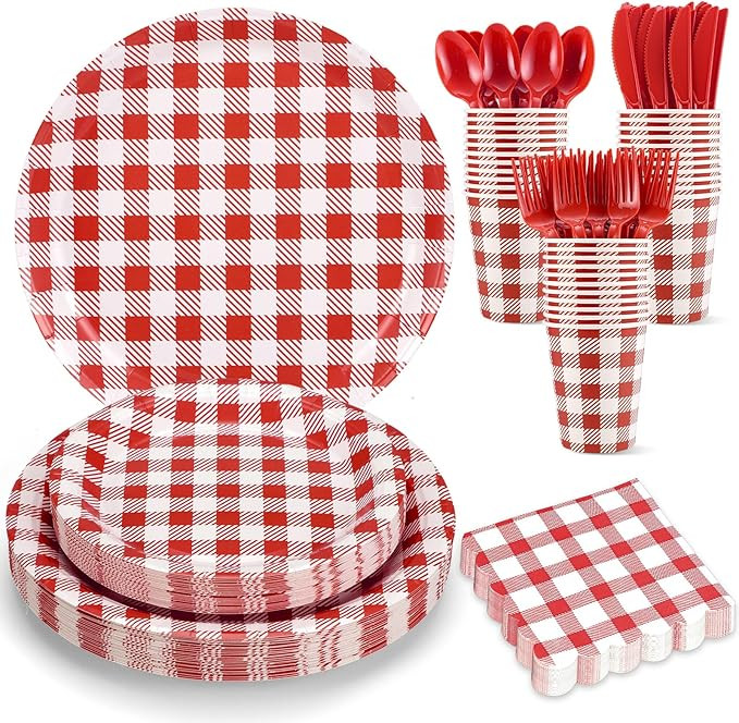 NatNarr 175 Pcs Gingham Party Supplies Include Red Gingham Plates and Napkins Cups Plastic Cutler... | Amazon (US)