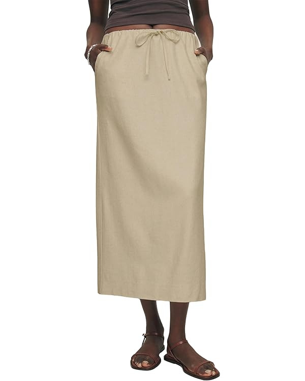IDEALSANXUN Womens Cotton Linen Skirts Trendy Elastic Waist Drawstring Long Skirts with Slit | Amazon (US)