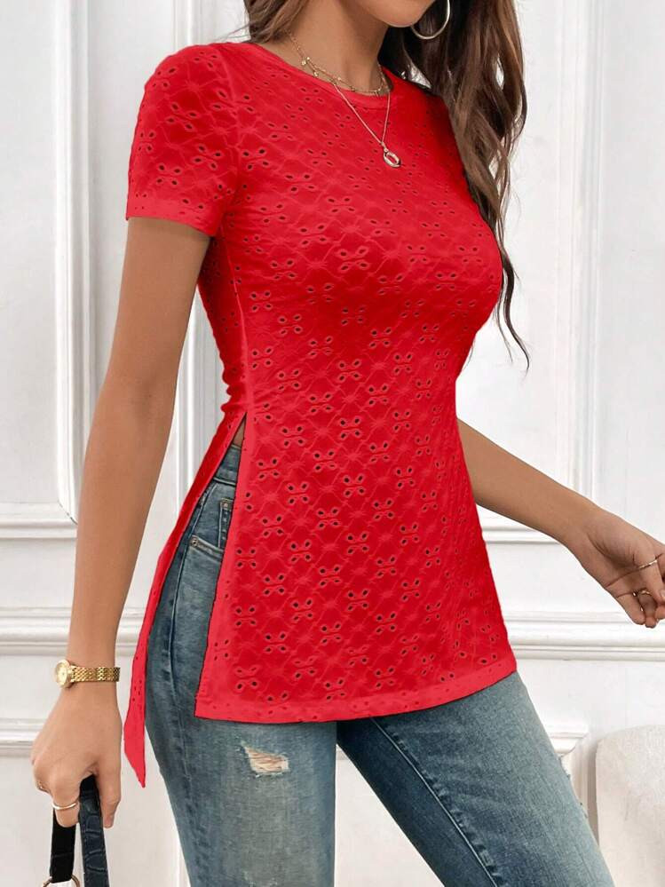 SHEIN Essnce Eyelet Embroidery Solid Split Hem Tee | SHEIN